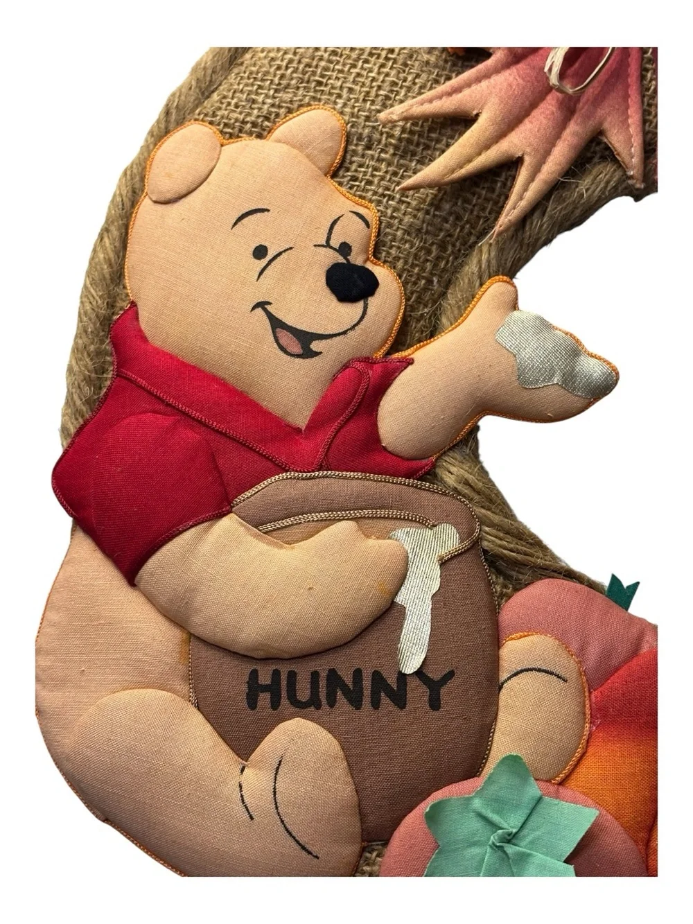 Vintage Disney Winnie Pooh Burlap Wreath Piglet Hunny Pot Fabric Appliqué Door